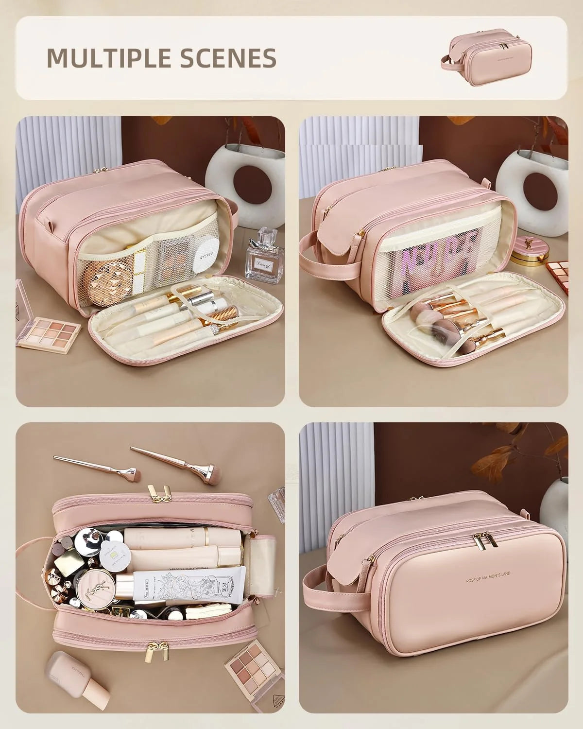 Travel Makeup Bag for Women, Large Capacity Cosmetic Organizer with Wide Opening, Waterproof Portable Toiletry Storage Bag for Easy Access